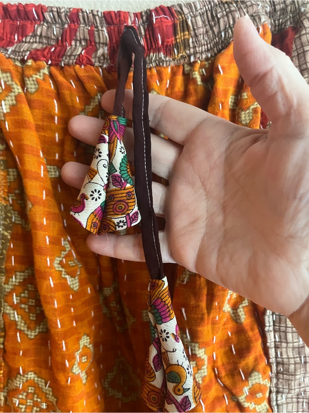 Reversible Kantha Bohemian Orange Patchwork Wide-Leg Pants - Picture 4 of 8